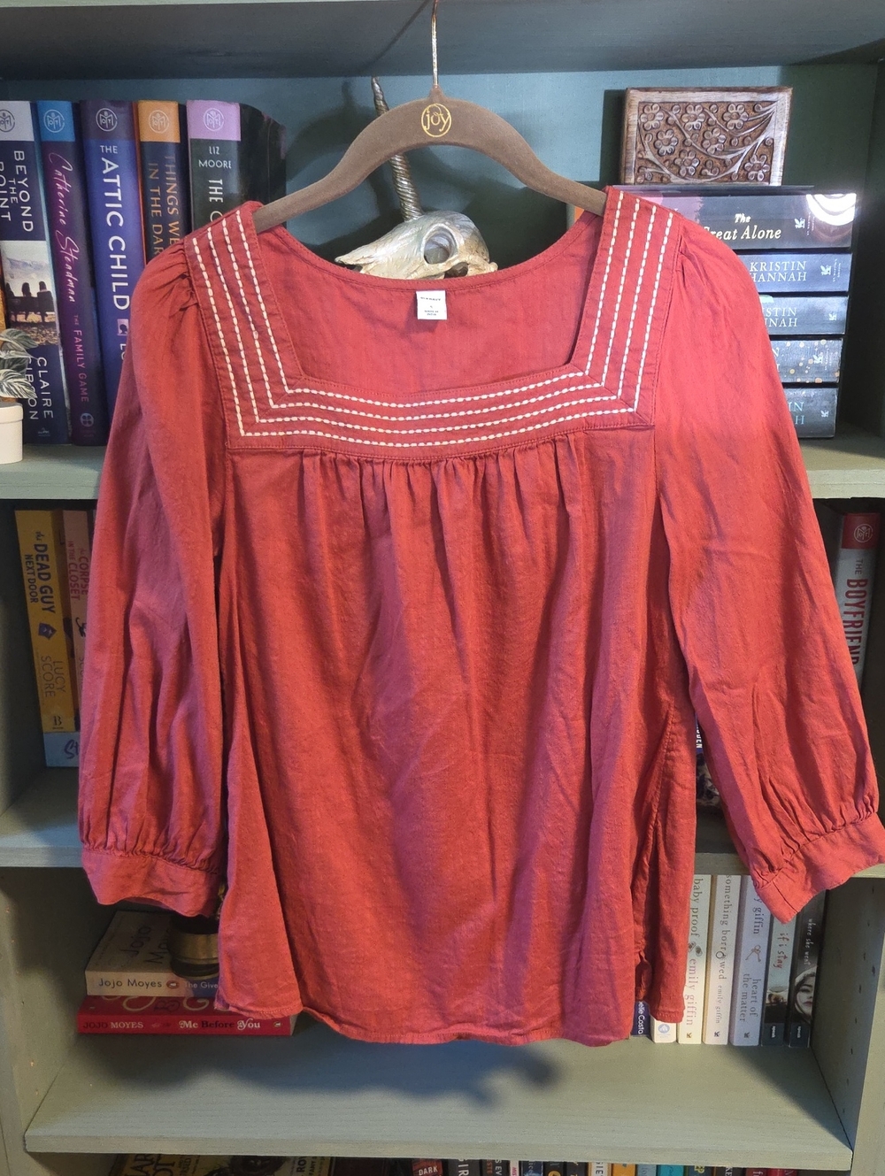 Old Navy Red Embroidered Square-Yoke Blouse